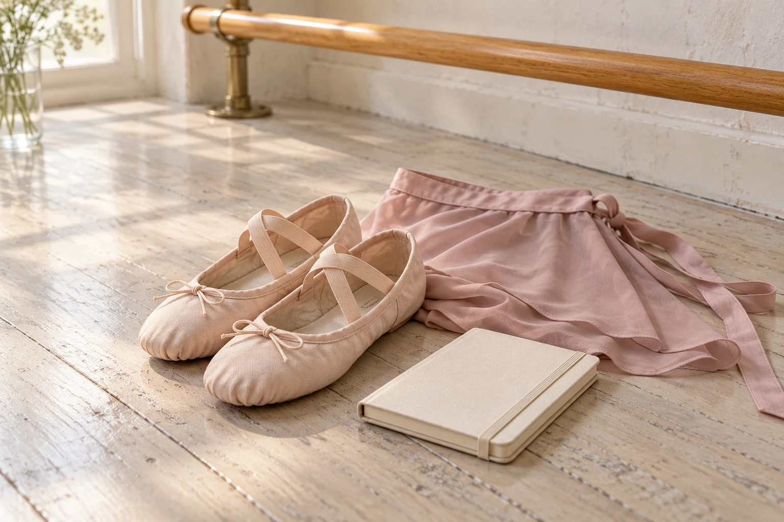 Soft blush ballet slippers and a folded wrap skirt on a studio floor