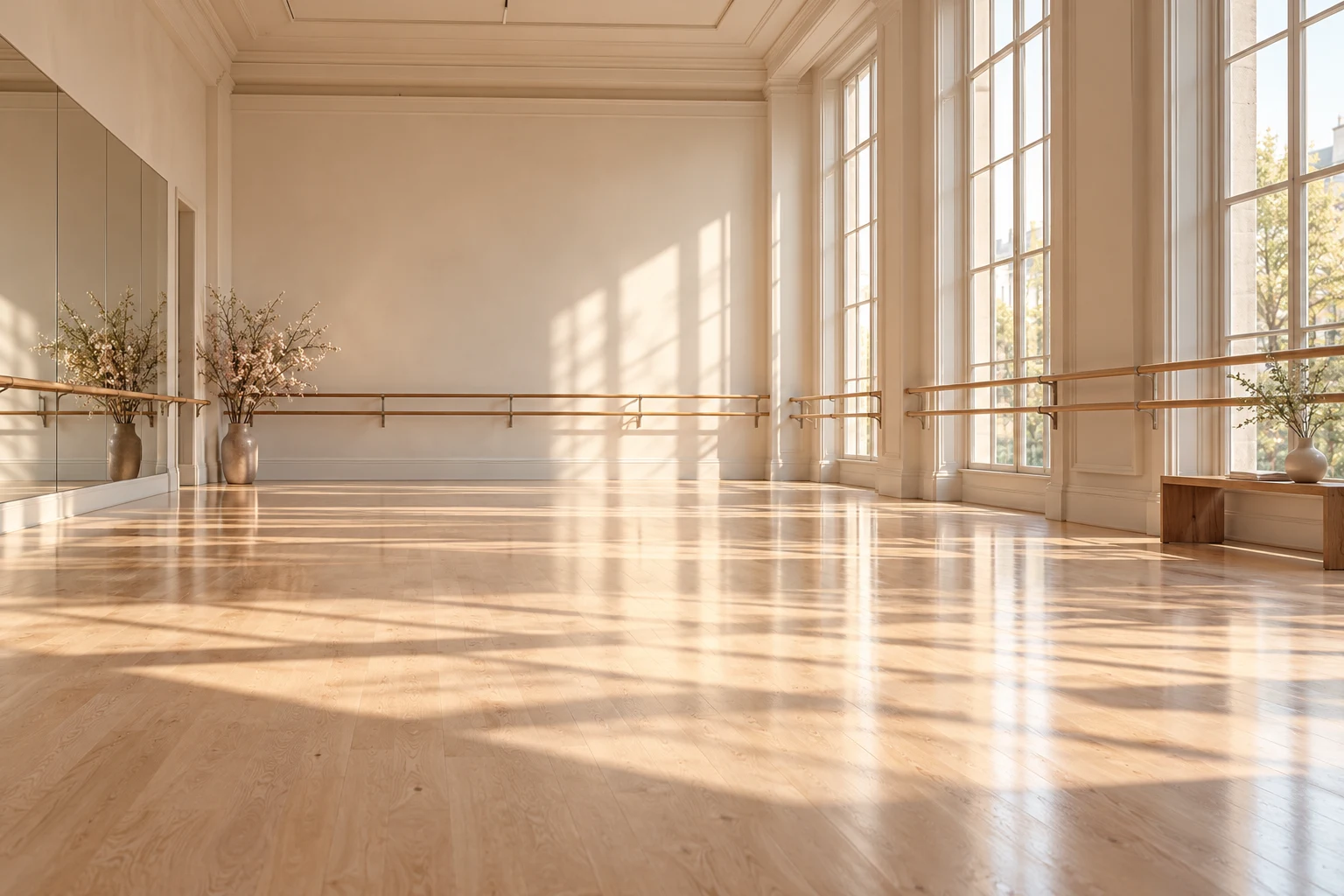 An empty sunlit ballet studio with wooden barres and a pale wooden floor